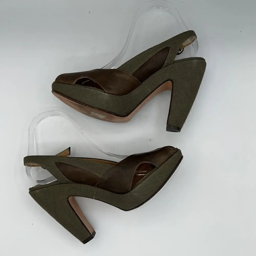Marni Green Canvas & Brown Leather Peep Toe Slingback Platform Heels EU 40 US 10
